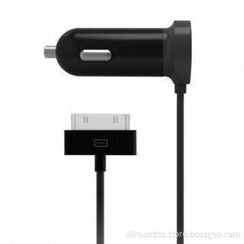 Car Charger with iPhone Connector and USB Port, Sized 26.3 x 26.3 x 60.3mm